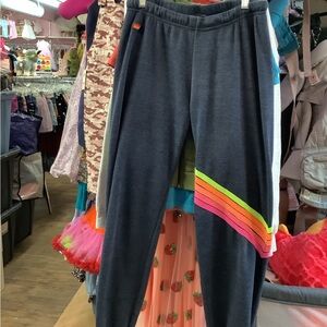 Aviator Nation Navy Sweat/ Track Pants with Neon Rainbow Stripes